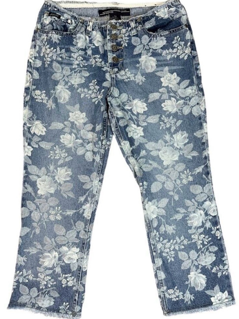 Stephen Hardy Squeeze Y2K Vintage Floral Low Rise Cropped Jeans Raw Hem Size 7/8